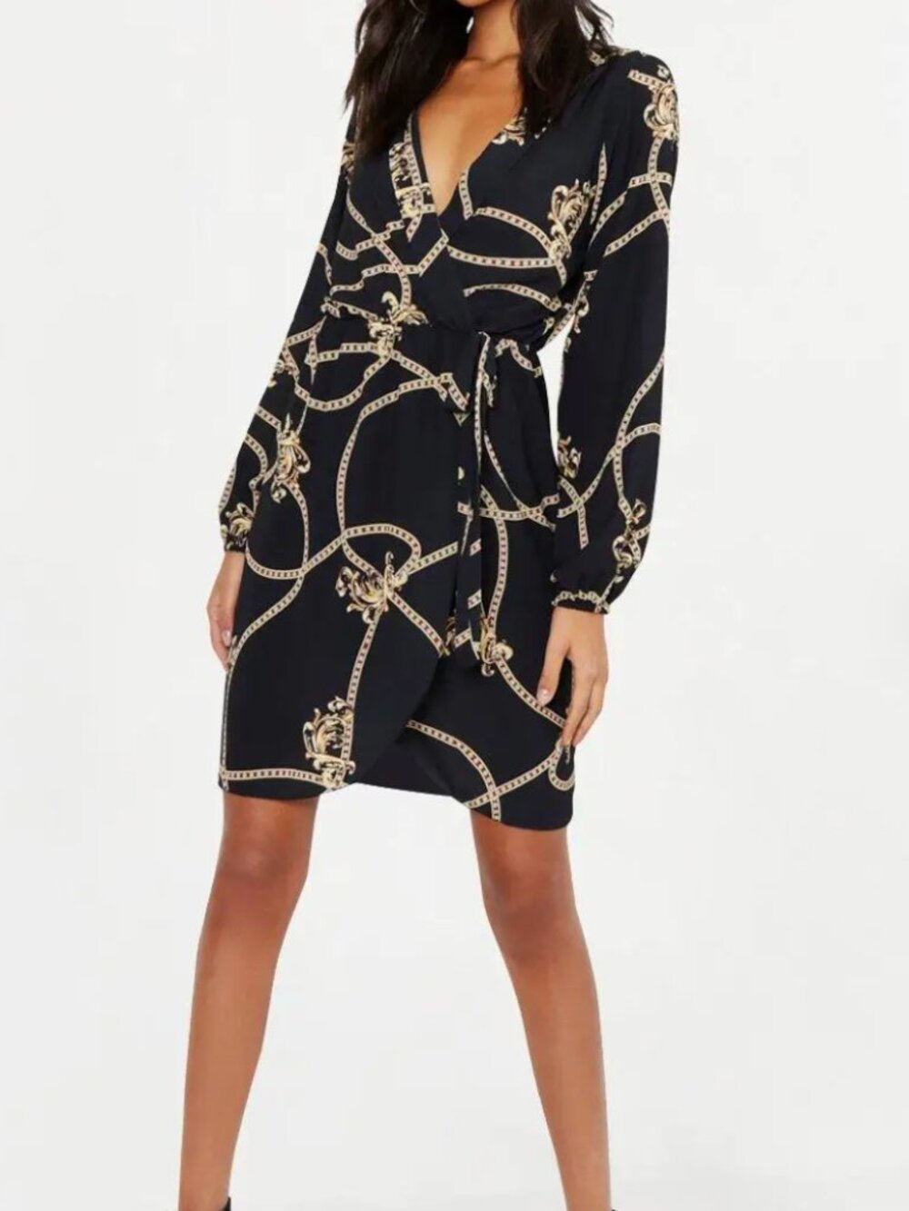 Cache. XL. Elegant Black & Gold Chain-Print Wrap Dress